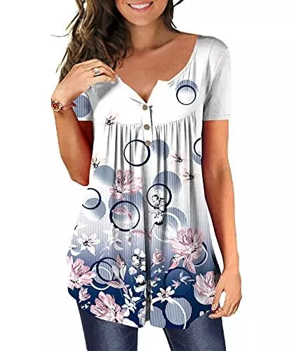 TUDOU Kurzarmblusen TUDOU Damen T-Shirt Langarm V-Ausschnitt Floral Knopfleiste Plissee Henley Bluse Casual Locker Blumen Tunika Tops