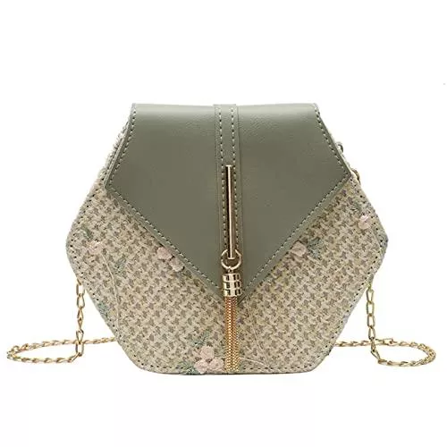BAOZENGMUY Taschen & Rucksäcke BAOZENGMUY Strohtaschen Strandtasche Mode Hexagon Woven Patchwork Spitze Blume Umhängetasche Für Frauen Retro Pu Leder Damen Casual Kette Schulter Umhängetaschen