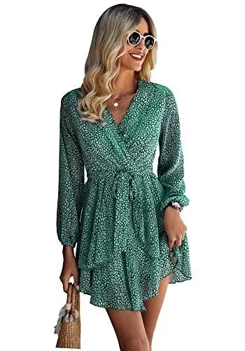 Ajpguot Freizeit Ajpguot Damen Tiefer V-Ausschnitt Lange Ärmel Sommerkleid mit Gürtel Blumenmuster Rüschen Strandkleid Hohe Taille Kurz Swing Skater Chiffon Kleid Casual Minikleid
