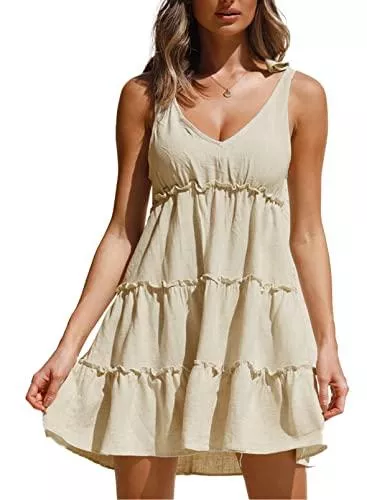 SIDEFEEL Freizeit SIDEFEEL Kleider Damen Sommer Kleid elegant Sommerkleider Damen Knielang Freizeitkleid Ärmelloskleid sexy Rüschen Saum V-Ausschnitt Lose Swing Tunika Minikleid A-Linie Strandkleider S-XL