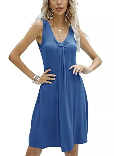 Livonmone Freizeit Livonmone Sommerkleid Damen Casual ärmelloses V-Ausschnitt Strandkleid mit Falten