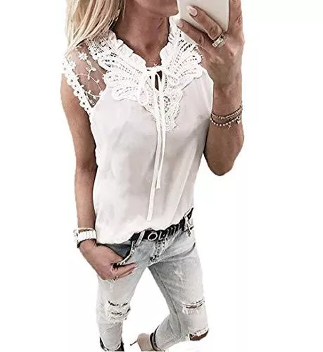 YUTILA Ärmellose Blusen YUTILA Damen Chiffon Bluse Hemd mit Spitze