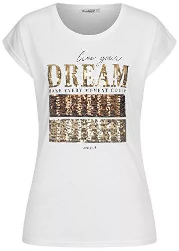 Seventyseven Lifestyle T-Shirts Seventyseven Lifestyle Damen T-Shirt mit Paillettenfront Herz Happy Print Weiss