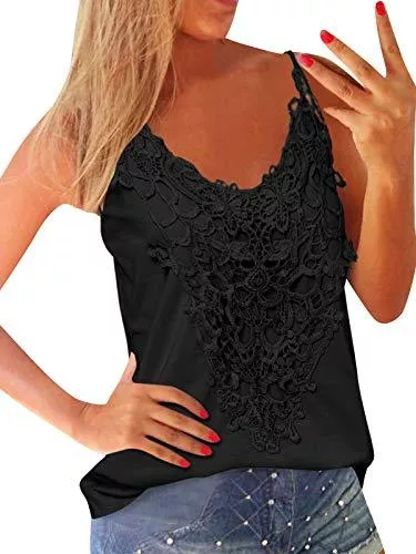 ZANZEA Tops ZANZEA Damen Ärmellos V-Ausschnitt Tank Tops mit Spitze Weste Sommer Strand Vest Bluse