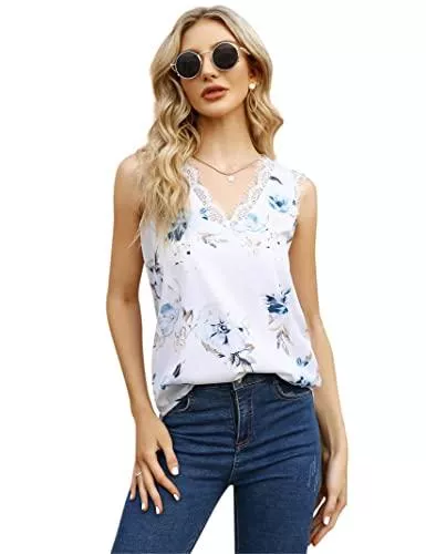 Clearlove Ärmellose Blusen Clearlove Damen Tank Top Sommer Chiffon Bluse Ärmellose V-Ausschnitt Weste mit Spitze（Verpackung MEHRWEG）