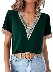 MEDOULA Kurzarmblusen MEDOULA Damen T-Shirt Spitzenbesatz an Ausschnitt und Ärmeln Eleganter V-Ausschnitt Plissee Kurze Ärmel Lockere Bluse Mehr Farben Freizeitkleidung