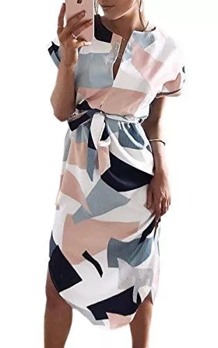 ECOWISH Freizeit ECOWISH Sommerkleider Damen Kurzarm V-Ausschnitt Strand Blumen Kleider Abendkleid Knielang