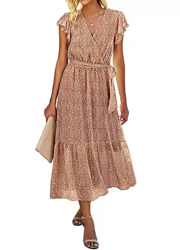 SEVETAT Freizeit SEVETAT Damen Chiffon Boho Lange Kleid mit Gürtel Sommerkleid Partykleid Elegant V-Ausschnitt Maxikleid Blumenkleid Abendkleid Rüschen Strandkleid Cocktailkleid