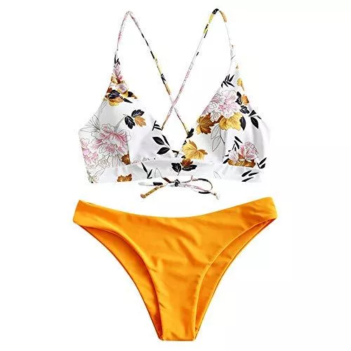 ZEZCLO Bademode ZAFUL Damen Floral Leaf Lace Up Geflochtener Floral Bikini Set Zweiteiliger Badeanzug