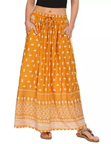 Parabler Röcke Parabler Damen Boho Rock lang Maxirock Elastische Taille Sommerrock Retro Langer Freizeitrock Elegant Strandrock mit Taschen