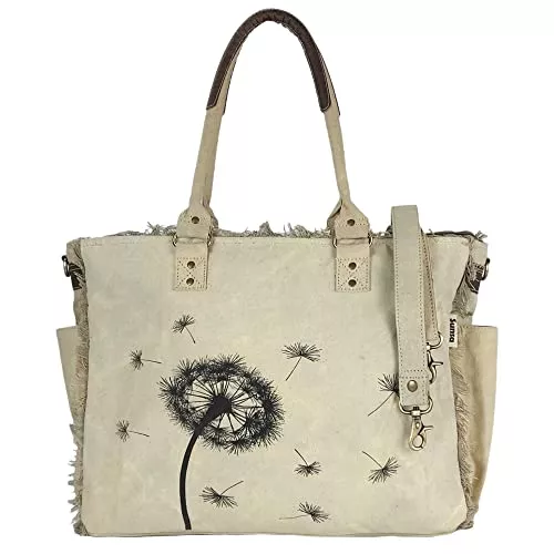 Sunsa Taschen & Rucksäcke Sunsa Damen große Handtasche. XXL Tasche aus Canvas &amp; Leder. Nachhaltige Strandtasche/Weekender mit Reißverschluss und Stern. Vintage Schultertasche als Geschenkideen für Frauen