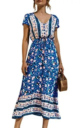 ASOMI Freizeit ASOMI Maxikleider Damen Sommerkleider Boho Blumen Sommer Lang Kleider V-Ausschnitt Kurzarm Rüschen Strandkleider