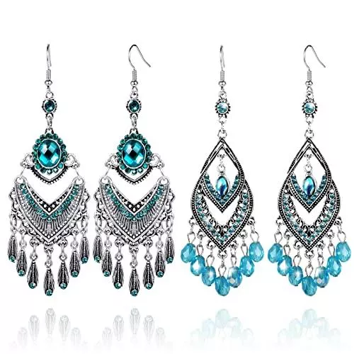 DecorMommt Schmuck 2 Paar Vintage Böhmische Tropfen Baumeln Ohrringe Statement Ohrringe Modeschmuck Ohrring Bleu Creolen Quaste Ohrringe Boho Retro Strass Ohrring Set für Damen und Mädchen Geburtstag Abendessen Party