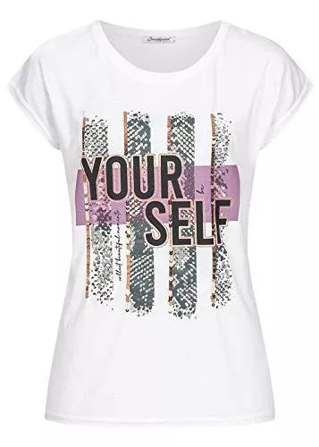 Seventyseven Lifestyle T-Shirts Seventyseven Lifestyle Damen Kurzarm T-Shirt Yourself Print Glitzer Pailletten Weiss