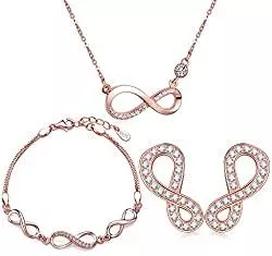 Yumilok Schmuck Yumilok Roségold 925 Sterling Silber Zirkonia Unendlichkeit Zeichen Charm Armband Halskette Ohrstecker Schmuck Set Armkette Kette Ohrringe Set für Damen Mädchen