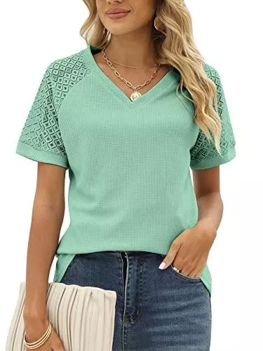 FCSONU T-Shirts FCSONU T Shirt Damen V-Ausschnitt Spitze Kurzarm Tunika Top Solide Lässig Waffel Oberteile Sommer Bluse