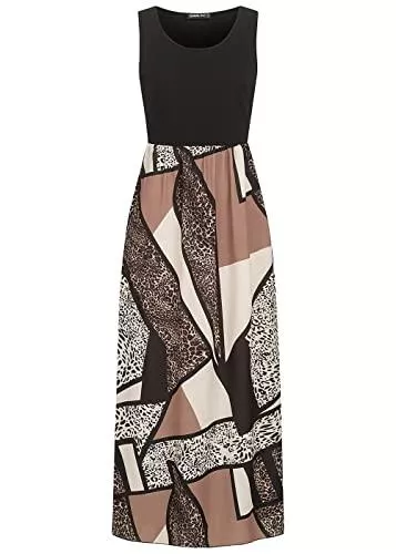 Cloud 5ive Freizeit Cloud 5ive Damen Viskose Sommer Maxikleid mit Tropical Print schwarz Multicolor
