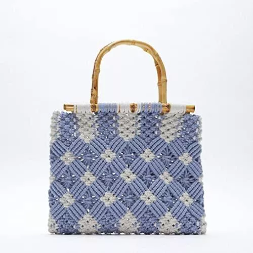 chengjiexu Taschen & Rucksäcke chengjiexu Strohtaschen Strandtasche Baumwollseil Gewebte Tasche Spitze Einkaufstasche Bambusgriff Holzgriff Dicke Baumwollfadenhandtasche