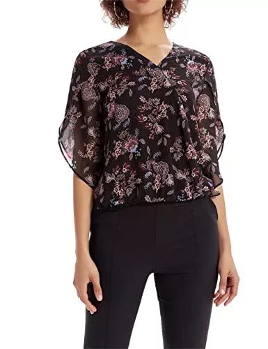 GRACE KARIN Langarmblusen GRACE KARIN Damen Elegant Chiffon Bluse 3/4 Ärmel Loose Fit V-Ausschnitt Tops Blumendruck Casual Shirt