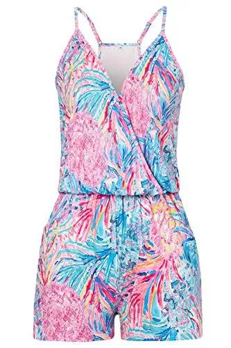Loveternal Jumpsuits Loveternal Jumpsuit Damen Elegant Kurz Sommer Playsuit V Ausschnitt Overall Blumendruck Ärmellos Schulterfrei Shorts Romper mit Taschen