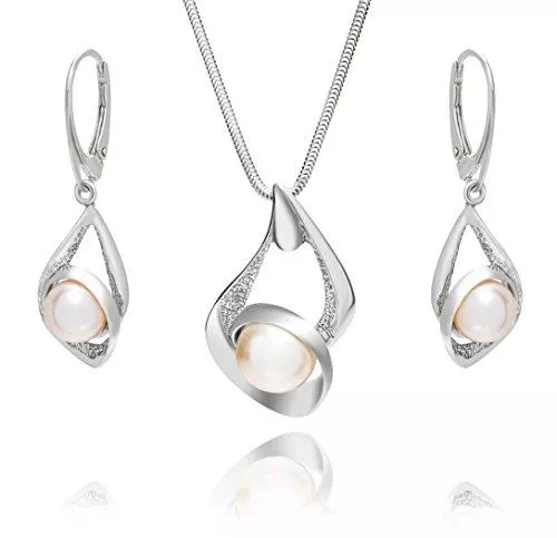 LillyMarie Schmuck LillyMarie Damen Schmuckset Echt Silber Silber-Anhänger mit Swarovski Elements Perle Weiss Längen-verstellbar Hochzeitsschmuck