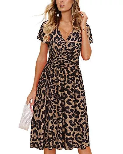 OUGES Freizeit OUGES Damen Sommerkleid Kurzarm V-Ausschnitt Knielang Blumenmuster Partykleid mit Taschen