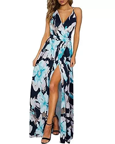 OUGES Freizeit OUGES Damen Sommerkleid V-Ausschnitt Maxikleid Rückenfreies High Waist Spaghetti Strap Freizeitkleid Lang Split Kleider