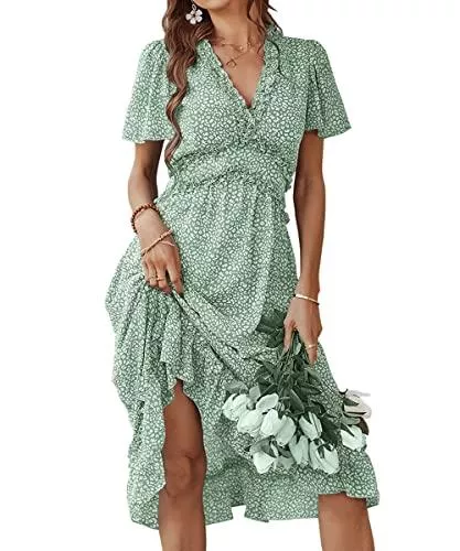 Acramy Freizeit Acramy Damen V-Ausschnitt Sommerkleid Kurzarm Blumen Kleider Lang Sommer Boho Kleid