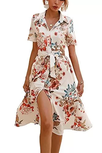 KANDEMY Freizeit KANDEMY Damen Blumen Blusenkleid V-Ausschnitt Langes Sommerkleid mit Gürtel Knopfleiste Strandkleid Kurzarm Midikleid Sommer Kleider für Frauen Freizeit Urlaub S-2XL