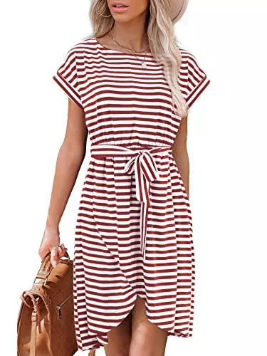 Beluring Freizeit Beluring Damen Kleid Lässig Kurzarm Rundhals Gestreiftes Sommerkleid Mit Gürtel