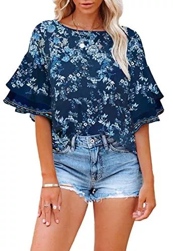 ANCAPELION Kurzarmblusen ANCAPELION Damen Bluse mit Blumen Casual Oberteile Lose Sommer T-Shirt Glockenärmel Rundhals Tops für Female