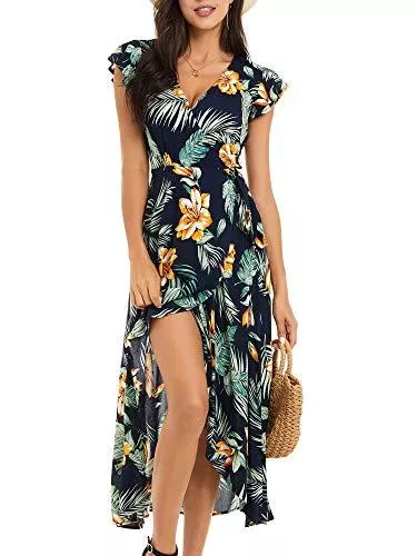 MSBASIC Freizeit MSBASIC Sommerkleid Damen Maxikleid Sommer Kleider Blumen Kleid mit Schlitz Kurzarm Strandkleid Damen Lang Partykleid V-Ausschnitt Wickelkleid mit Gürtel