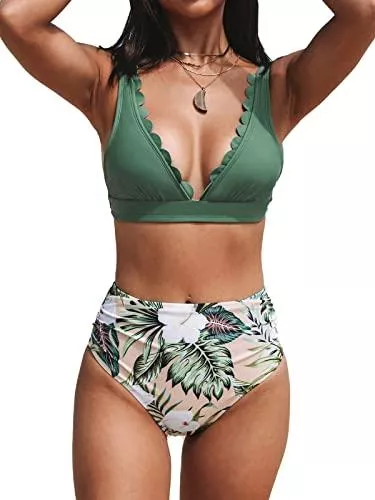 CUPSHE Bademode CUPSHE Damen Bikini Set V Ausschnitt High Waist Bikini Bademode Wellenkanten Tropical Print Bauchweg Zweiteiliger Badeanzug Swimsuit