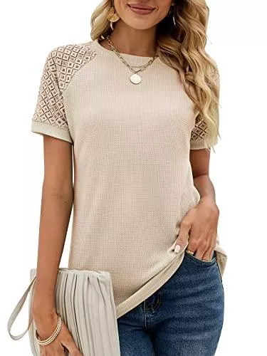 Bequemer Laden T-Shirts Bequemer Laden Damen Sommer Rundhals Tshirt Spitze Kurzarm Puff Ärmel Oberteile Casual Loose T-Shirt Einfarbig Top Bluse