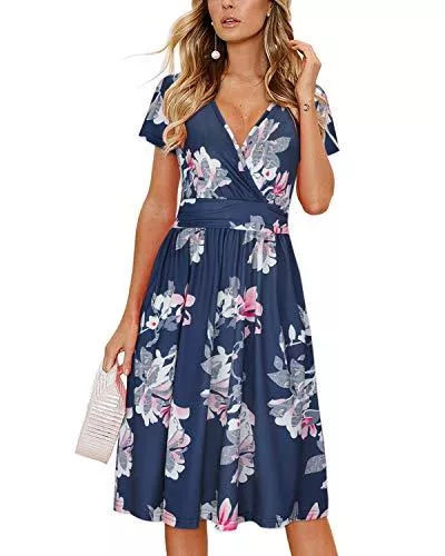 OUGES Freizeit OUGES Damen Sommerkleid Kurzarm V-Ausschnitt Knielang Blumenmuster Partykleid mit Taschen