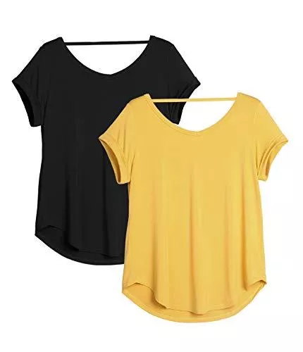 icyzone T-Shirts icyzone Damen Rückenfrei Yoga T-Shirt Kurzarm Sport Freizeit Tops Lose V-Ausschnitt Shirt, 2er Pack