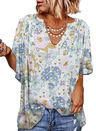 Elegancity Kurzarmblusen Elegancity Bluse Damen Chiffon Hemd V Ausschnitt Tunika Trompetenärmel Kurzarm mit Rüsche Elegant Einfarbig Sommer Blusen S-XXL