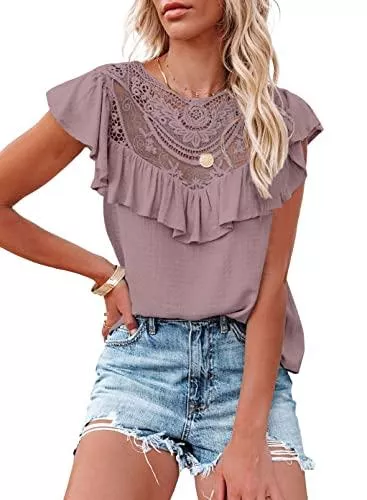 Aleumdr Ärmellose Blusen Aleumdr Damen Spitze Bluse Tops Sommer Sexy Tunika Bluse Kurzarm Spitzen Hemd Blusen mit Rüschen Elegant Oberteile Bluse Tops