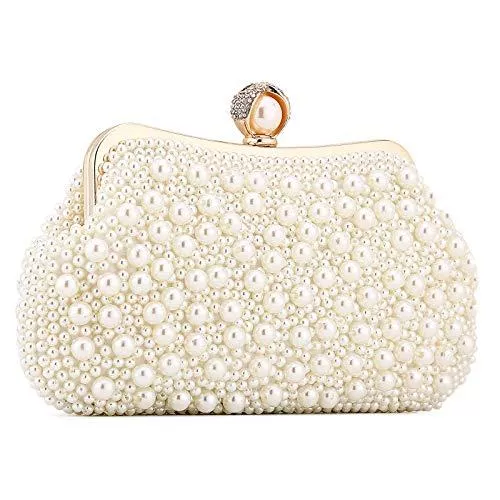 UBORSE Taschen & Rucksäcke UBORSE Damen Abendtasche Weiß Clutch Perlen Handtasche Kleine Elegant Umhängetasche Mini Kette Tasche Vintage Schultertasche für Hochzeit Party Disko - ivory milchig