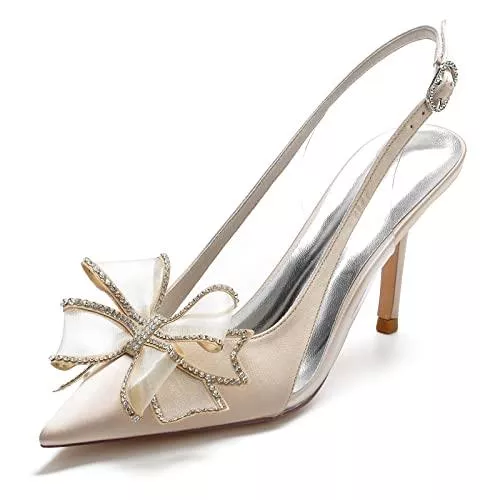 MNVOA High Heels Hochzeitsschuhe Für Die Braut High Heels Schleife Strass Brautschuhe Satin Abendgesellschaft Abschlussball Kleid Schuhe Pumps