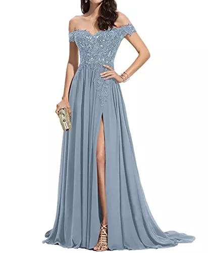 MildApril Abendkleider Damen Schulterfreie Lange Ballkleider Mit Geteilten Spitzenapplikationen Chiffon Mit V-Ausschnitt Formelles Abendkleid