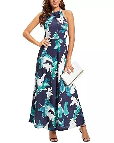 STYLEWORD Freizeit STYLEWORD Damen Neckholder Kleid Blumendruck Sommerkleid Ärmellos Schulterfrei Freizeitkleid Elegantes Maxikleid Strandkleid Partykleid
