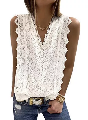 Aleumdr Tops Aleumdr Top Damen Sexy Top V-Ausschnitt Top mit Spitze Ärmellose Tank Top Weste Slip Sommer Strand Vest Top Bluse