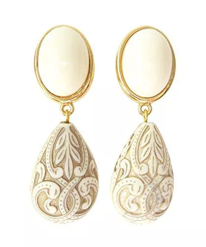 Mugello Schmuck Sehr leichte große Ohr-Clips vergoldet Stein beige Anhänger Tropfen Ornamente Braut Hochzeit Fest Fashion Glamour Party Tracht Dirndl Designer JUSTWIN