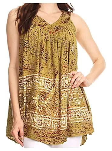 Sakkas Ärmellose Blusen Sakkas Badalea Lange gestickte Pailletten Perlen Batik-Hemd Printed Tank Top Bluse