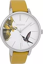 Oozoo Uhren Oozoo Damenuhr mit Lederband 42 MM Colours of Summer Blume und Kolibri Weißes Zifferblatt C10182