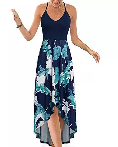 KILIG Freizeit KILIG Damen V-Ausschnitt Ärmellos Sommerkleid Asymmetrische Patchwork Blumen Maxikleider Casual Kleid