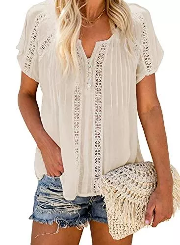Dokotoo Kurzarmblusen Dokotoo Damen Bluse Sommer Kurzarm Oberteile Spitzen Aushöhlen T-Shirt Casual V-Ausschnitt Shirts Tops S-XXL