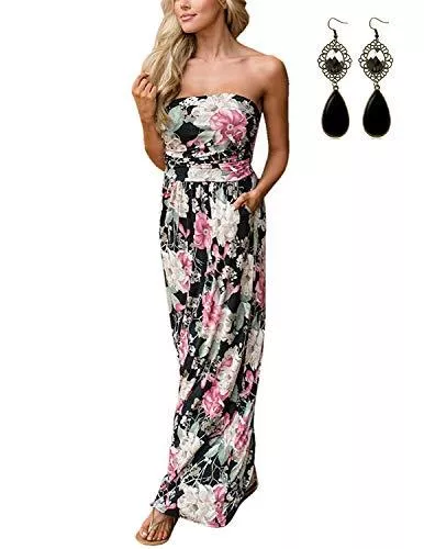 carinacoco Freizeit carinacoco Damen Bandeau Bustier Kleider mit Blüte Drucken Lange Sommerkleid Abendkleid Partykleid Cocktailkleid