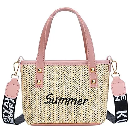 BAOZENGMUY Taschen & Rucksäcke BAOZENGMUY Strohtaschen Strandtasche Retro Briefdruck Lässige Netzgarn Frauen Strand Schulter Umhängetaschen Damen Kleine Handtaschen Mit Top-Griff Umhängetasche